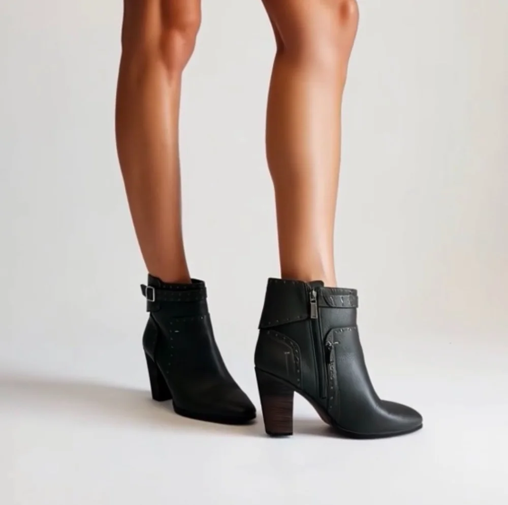 Vince Camuto Grey Leather Studded Ankle Booties Heeled Women’s Size 9M